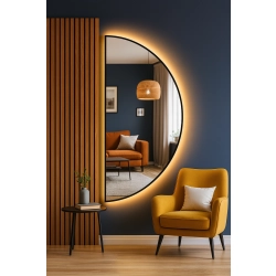 Lustro ECHO – nowoczesne lustro LED półokrągłe w czarnej ramie MDF | lustro dekoracyjne z podświetleniem | designerskie lustro ścienne do salonu, sypi